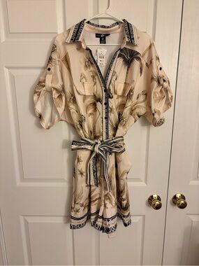 Ashley Stewart Beige Tropical Print Short Romper with Belt -Size 18/20w *New*